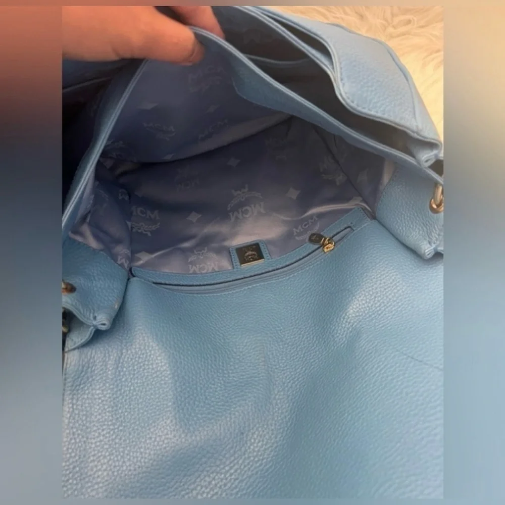 MCM Teal Blue Leather Studded Saddle Bag